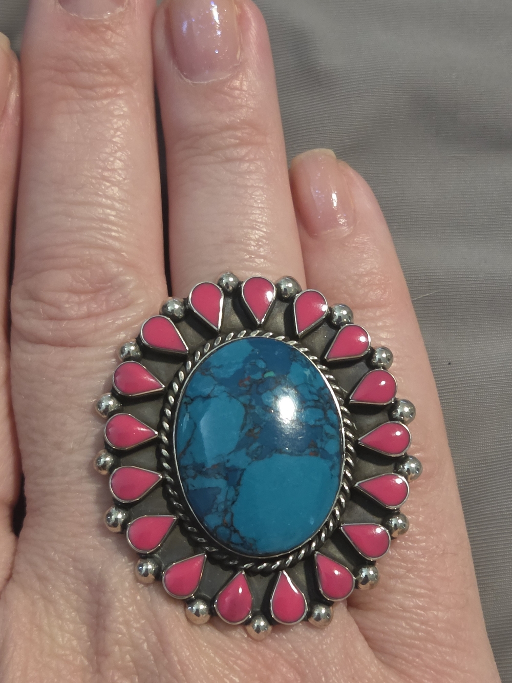 Sterling Silver Turquoise & Pink Teardrop Statement Ring - Women Jewelry